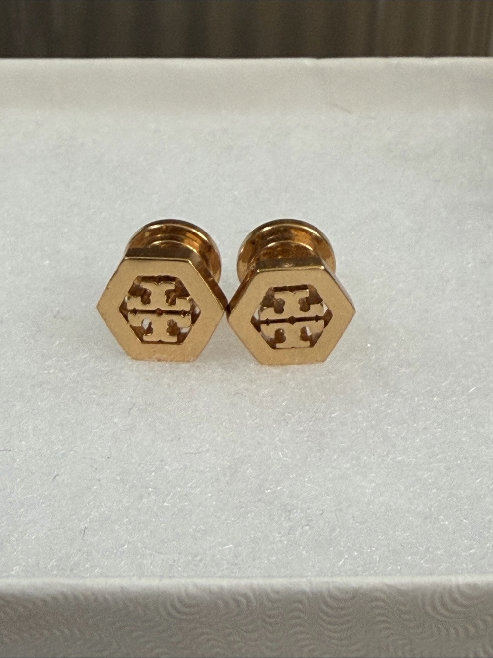 Tory Burch Hexagon Gold Logo Stud Earrings